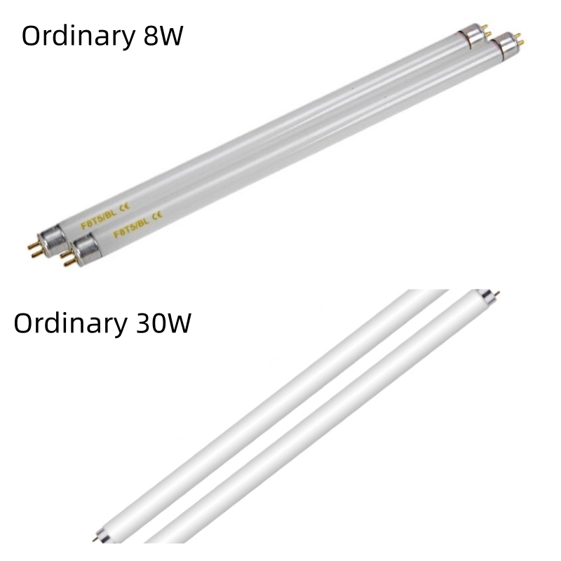 Comparison of traditional 30-50W high-wattage UV tubes vs optimized 12W and 18W low-power UV tubes for commercial glue-board fly traps